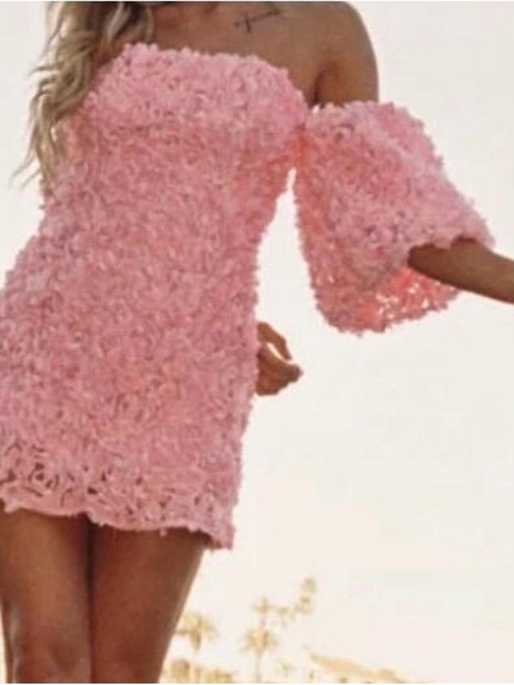 Klesis Off Shoulder Mini Dress Pink Floral Rosette Puff Sleeve Cocktail SzL $140